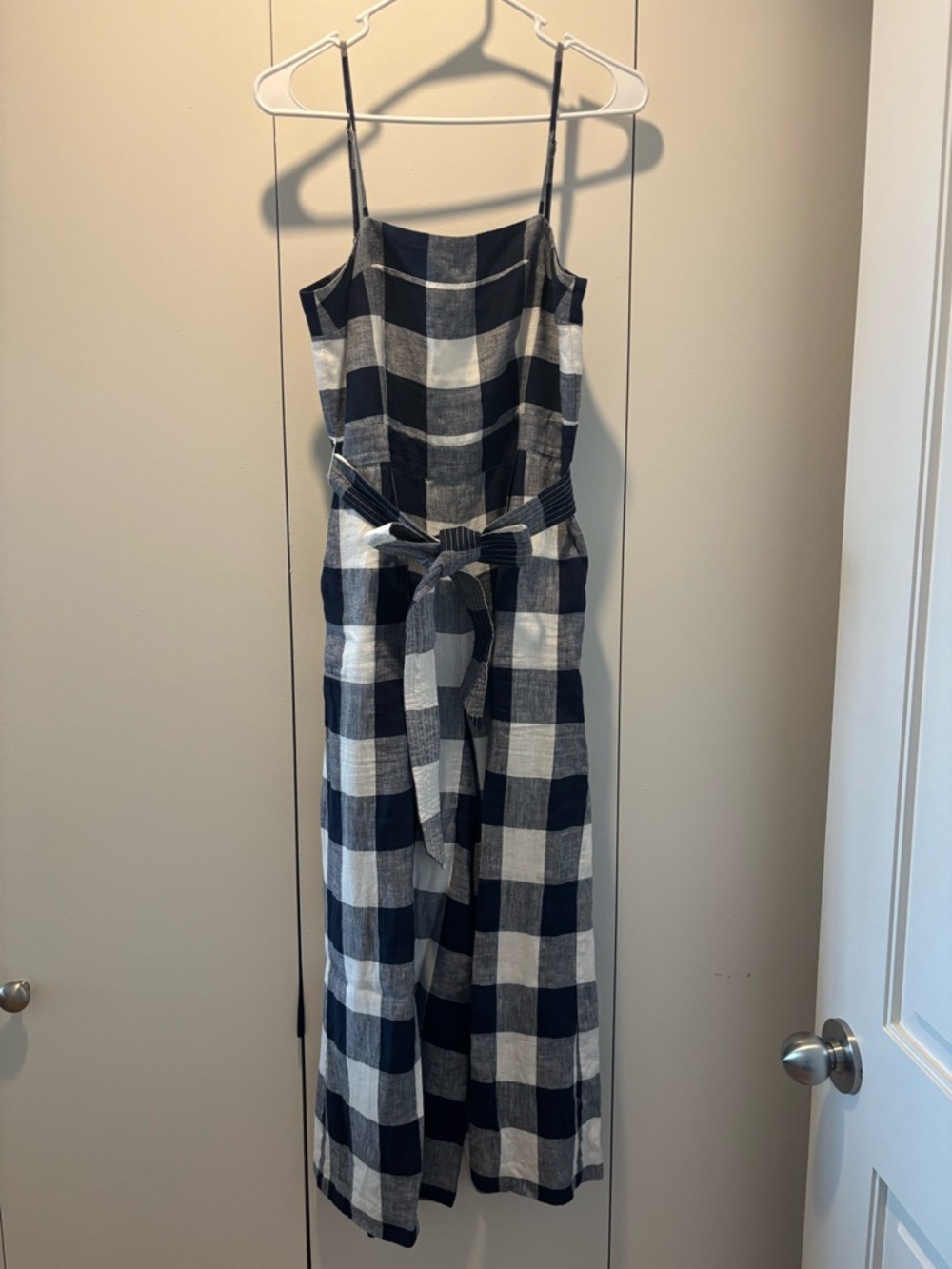 J Crew Navy & White Gingham Wide-Leg Jumpsuit with Tie Waist